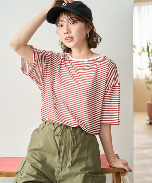 FREAK'S STORE（フリークスストア）の「限定展開　シアー ボーダー 半袖 Tシャツ（Tシャツ/カットソー・レディース・レッド/ブルー/ブラウン/ライトグレー/ブルーグリーン/ブラック・ﾌﾘ-）」の6枚目の写真