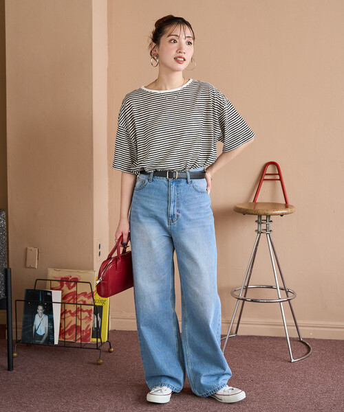 FREAK'S STORE（フリークスストア）の「限定展開　シアー ボーダー 半袖 Tシャツ（Tシャツ/カットソー・レディース・レッド/ブルー/ブラウン/ライトグレー/ブルーグリーン/ブラック・ﾌﾘ-）」の7枚目の写真