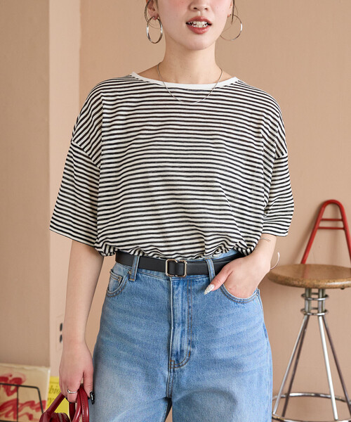 FREAK'S STORE（フリークスストア）の「限定展開　シアー ボーダー 半袖 Tシャツ（Tシャツ/カットソー・レディース・レッド/ブルー/ブラウン/ライトグレー/ブルーグリーン/ブラック・ﾌﾘ-）」の10枚目の写真