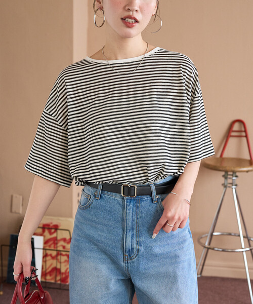 FREAK'S STORE（フリークスストア）の「限定展開　シアー ボーダー 半袖 Tシャツ（Tシャツ/カットソー・レディース・レッド/ブルー/ブラウン/ライトグレー/ブルーグリーン/ブラック・ﾌﾘ-）」の11枚目の写真