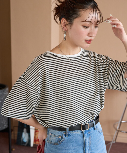 FREAK'S STORE（フリークスストア）の「限定展開　シアー ボーダー 半袖 Tシャツ（Tシャツ/カットソー・レディース・レッド/ブルー/ブラウン/ライトグレー/ブルーグリーン/ブラック・ﾌﾘ-）」の13枚目の写真