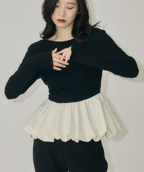 NEUNA(ヌナ)の「バックシャンバルーンペプラムトップス(Tシャツ/カットソー・レディース・ブラウン/ネイビー/ブラック・FREE)」の1枚目の写真