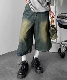 スタッズバミューダデニムパンツ / ハーフデニム 海外ガール ストリート Aライン スタッズ ウォッシュド 膝下 2サイズ展開 S M ブルー ダークブルー