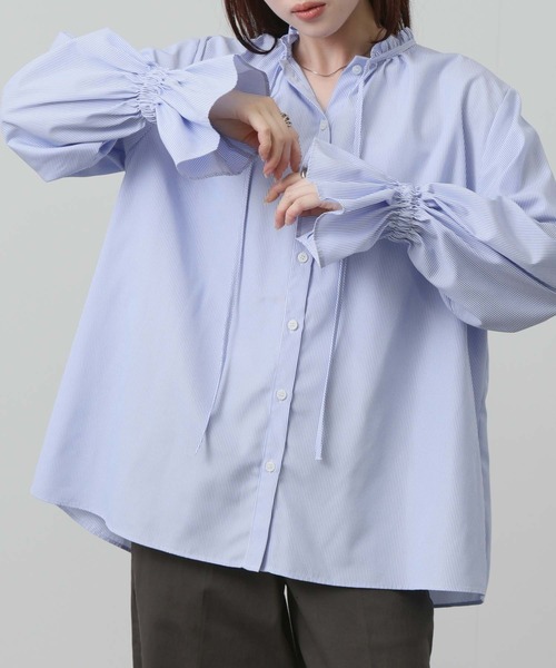 NAVY（ネイビー）の「NAVY　袖フリルブラウス（シャツ/ブラウス・レディース・サックスブルー/ホワイト・FREE）」の4枚目の写真