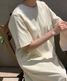 ステッチデザイン半袖ロングワンピース ゆったりカジュアルワンピース