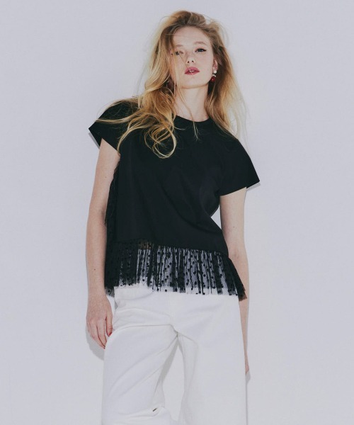 DOUBLE STANDARD CLOTHING（ダブルスタンダードクロージング）の「アシンメトリードットチュールTシャツ（Tシャツ/カットソー・レディース・ブラック/オフホワイト・38/36）」の2枚目の写真