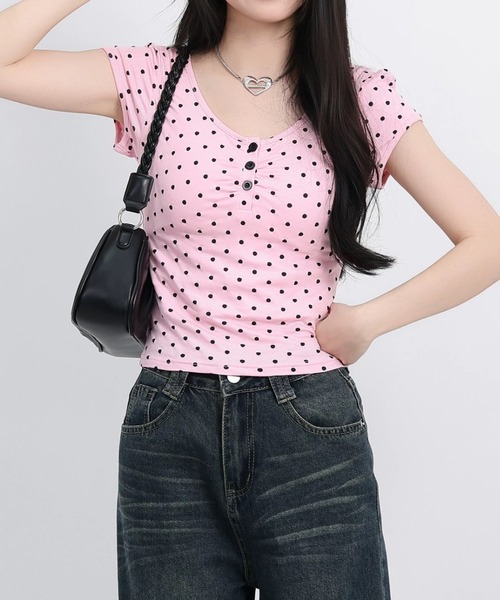 ViViDAY(ビビデー)の「ドット柄ショートtシャツ(Tシャツ/カットソー・レディース・ピンク/ホワイト・M)」の10枚目の写真