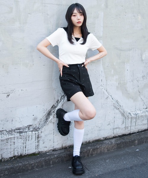 WEGO(ウィゴー)の「WEGO/ラインストーンマイクロショートパンツ(スラックス・レディース・ブラック・FREE)」の2枚目の写真