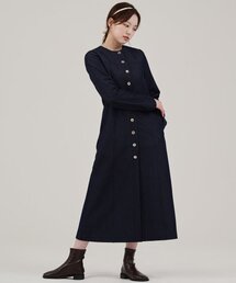 フリースバッグデニムマキシドレスジャケット-ダークブルー