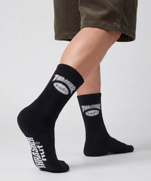 HUF(ハフ)の「【C-HUF4】【HUF×THRASHER/ハフ×スラッシャー】HUF X THRASHER LOGO SOCK SK00965(ソックス/靴下・メンズ・ホワイト/ブラック・O/S)」の2枚目の写真