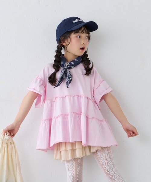 CIAOPANIC TYPY(チャオパニックティピー)の「【KIDS】ピグメントティアードフリル半袖TEE(Tシャツ/カットソー・キッズ・チャコールグレー/グレー/グリーン/ピンク・130/150/110)」の4枚目の写真