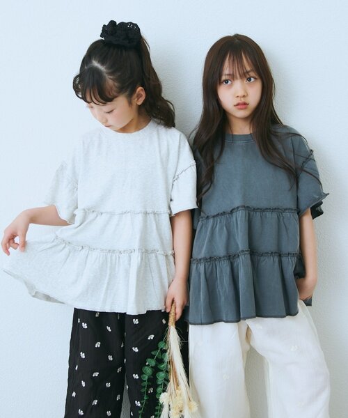 CIAOPANIC TYPY(チャオパニックティピー)の「【KIDS】ピグメントティアードフリル半袖TEE(Tシャツ/カットソー・キッズ・チャコールグレー/グレー/グリーン/ピンク・130/150/110)」の2枚目の写真