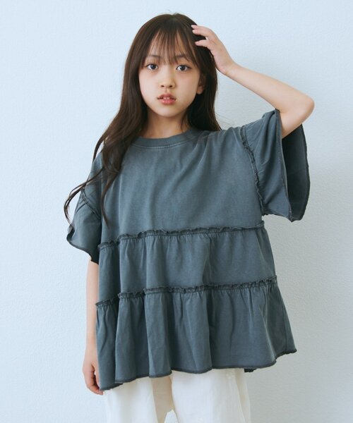 CIAOPANIC TYPY(チャオパニックティピー)の「【KIDS】ピグメントティアードフリル半袖TEE(Tシャツ/カットソー・キッズ・チャコールグレー/グレー/グリーン/ピンク・130/150/110)」の8枚目の写真