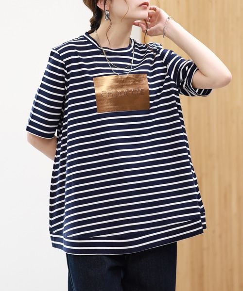 BRODIAEA(ブローディア)の「BRODIAEA 箔プリントボーダー半袖Tシャツ(Tシャツ/カットソー・レディース・ネイビー/シルバーグレー/モカ・40)」の10枚目の写真