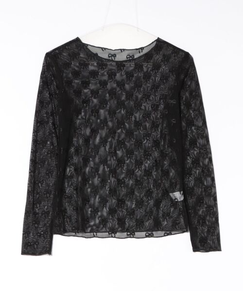 ammy.(エイミードット)の「【 ammy. / エイミードット 】 リボン柄 シアー レイヤード トップス(Tシャツ/カットソー・レディース・ホワイト/ブラック・FREE)」の4枚目の写真
