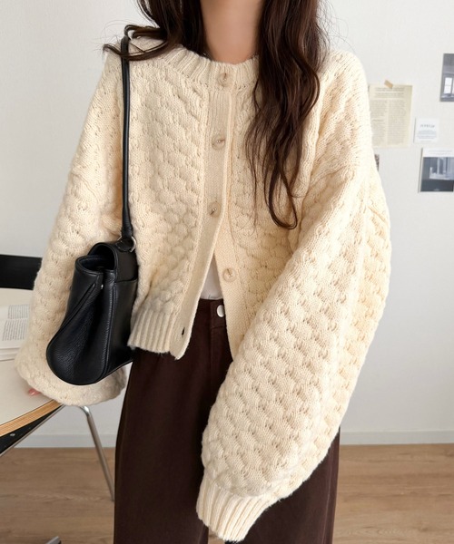mily bilet(ミウィビレット)の「【mily bilet】甘さも着回し力も欲張って♪前後2wayぽこぽこカーディガン(カーディガン/ボレロ・レディース・ブルー/ピンク/アイボリー/ブラック・SMALL/LARGE/X-LARGE/MEDIUM)」の12枚目の写真