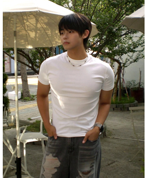 PHOS333（フォースサンサンサン）の「M Panel Silket T-Shirt/White（Tシャツ/カットソー）」