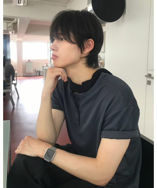 PLACESTUDIOMAN（プレイススタジオメンズ）の「ワッフルヘンリーネックベーシックスナップポイントデイリーオーバーサイズ半袖Tシャツ_3COLOR（Tシャツ/カットソー・メンズ・ブラック/チャコール/アイボリー・FREE）」の8枚目の写真