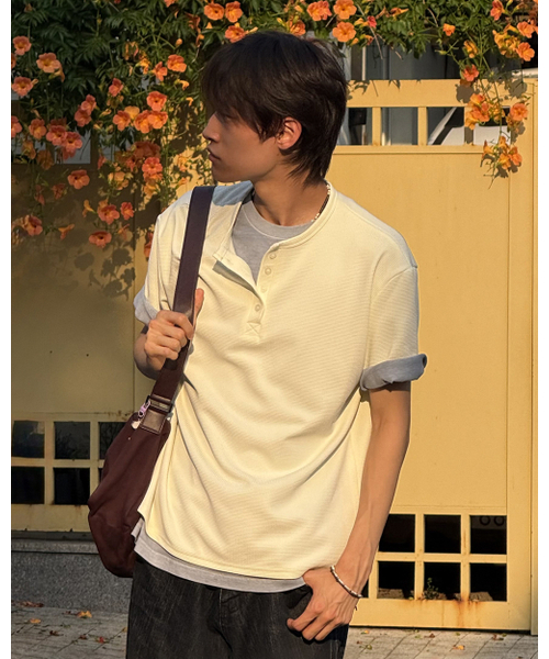 PLACESTUDIOMAN（プレイススタジオメンズ）の「ワッフルヘンリーネックベーシックスナップポイントデイリーオーバーサイズ半袖Tシャツ_3COLOR（Tシャツ/カットソー・メンズ・ブラック/チャコール/アイボリー・FREE）」の10枚目の写真