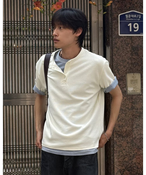 PLACESTUDIOMAN（プレイススタジオメンズ）の「ワッフルヘンリーネックベーシックスナップポイントデイリーオーバーサイズ半袖Tシャツ_3COLOR（Tシャツ/カットソー・メンズ・ブラック/チャコール/アイボリー・FREE）」の11枚目の写真