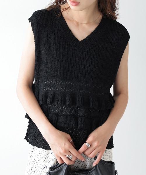 AMELY(エミリー)の「サマーニットフリルトップス(ニット/セーター・レディース・アイボリー/グレー/ブラック/ブラウン・フリー)」の3枚目の写真
