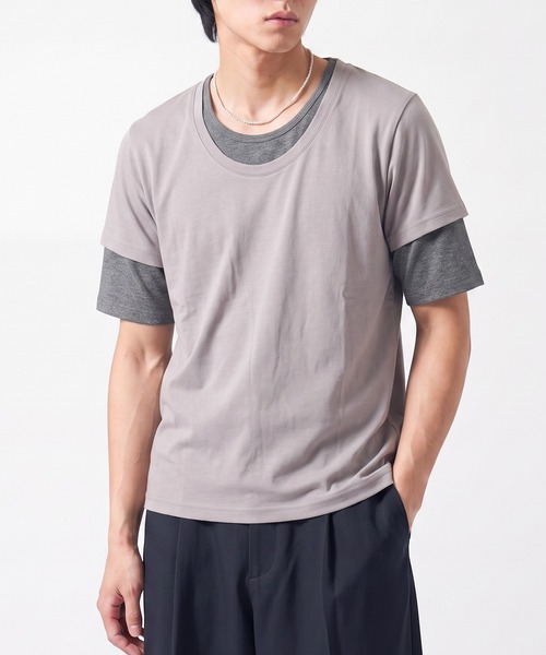 ARCHIVER（アーカイバ）の「【Bd】レイヤード風 Uネック ハーフスリーブTシャツ（Tシャツ/カットソー・レディース・チャコール/マルチ/ホワイト/グレー系/ブラック・LARGE/MEDIUM/X-LARGE）」の4枚目の写真