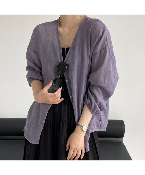 witch(ウイッチ)の「薄手透け感綿麻混シアーシャツカーディガン(カーディガン/ボレロ・レディース・ライトグリーン系/ブルー/イエロー/パープル/ベージュ・FREE)」の5枚目の写真