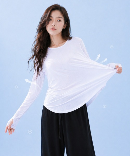 by LEGNA(バイレグナ)の「COOLIFYラウンドヘム指穴付き長袖トップス(Tシャツ/カットソー・レディース・ダークグレー/ホワイト/ブラック・FREE)」の10枚目の写真