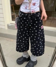 ドット柄 カーゴワイドデニムハーフパンツ ハートワッペン