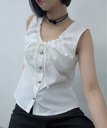 Metallic Button Drawstring Sleeveless Blouse/メタリックボタンドロストノースリブラウス