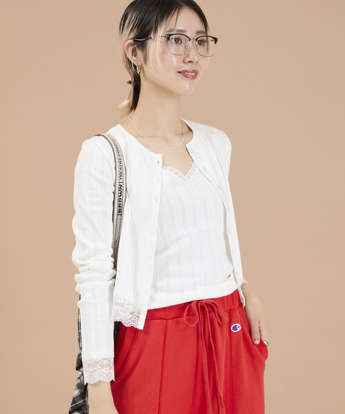 Freada(フリーダ)の「Freada/フリーダ アイレット レース カーディガン(Tシャツ/カットソー・レディース・オフホワイト/ブラック/ピンク・ONE SIZE)」の5枚目の写真