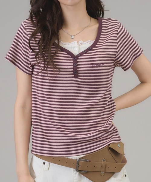 apres jour mignon(アプレジュールミニョン)の「ヘンリーボーダーTシャツ(Tシャツ/カットソー・レディース・ピンク/ブラック/ブルー・フリー/LARGE)」の1枚目の写真
