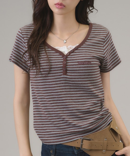 apres jour mignon(アプレジュールミニョン)の「ヘンリーボーダーTシャツ(Tシャツ/カットソー・レディース・ピンク/ブラック/ブルー・フリー/LARGE)」の3枚目の写真
