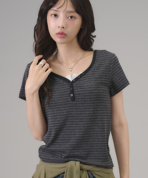 apres jour mignon(アプレジュールミニョン)の「ヘンリーボーダーTシャツ(Tシャツ/カットソー・レディース・ピンク/ブラック/ブルー・フリー/LARGE)」の8枚目の写真