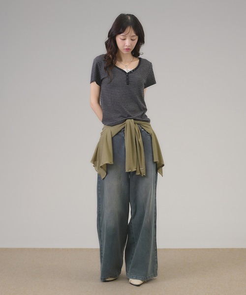 apres jour mignon(アプレジュールミニョン)の「ヘンリーボーダーTシャツ(Tシャツ/カットソー・レディース・ピンク/ブラック/ブルー・フリー/LARGE)」の9枚目の写真