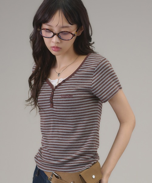 apres jour mignon(アプレジュールミニョン)の「ヘンリーボーダーTシャツ(Tシャツ/カットソー・レディース・ピンク/ブラック/ブルー・フリー/LARGE)」の10枚目の写真