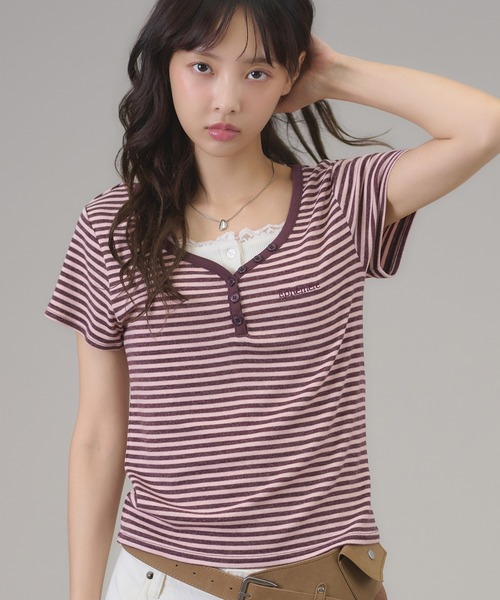 apres jour mignon(アプレジュールミニョン)の「ヘンリーボーダーTシャツ(Tシャツ/カットソー・レディース・ピンク/ブラック/ブルー・フリー/LARGE)」の12枚目の写真