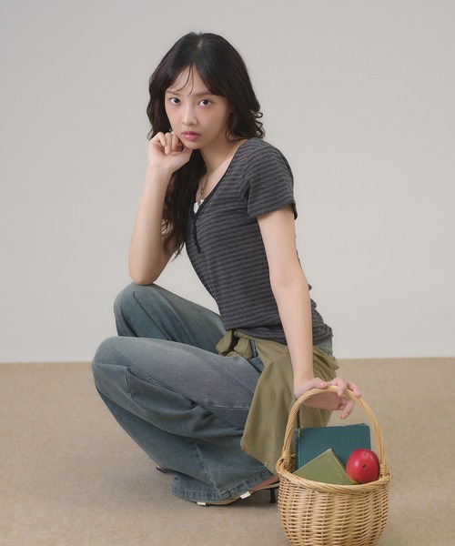 apres jour mignon(アプレジュールミニョン)の「ヘンリーボーダーTシャツ(Tシャツ/カットソー・レディース・ピンク/ブラック/ブルー・フリー/LARGE)」の14枚目の写真