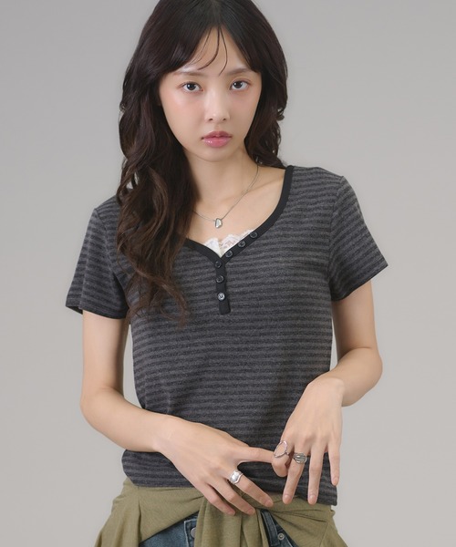 apres jour mignon(アプレジュールミニョン)の「ヘンリーボーダーTシャツ(Tシャツ/カットソー・レディース・ピンク/ブラック/ブルー・フリー/LARGE)」の17枚目の写真