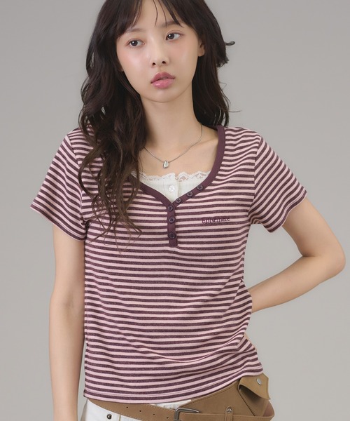 apres jour mignon(アプレジュールミニョン)の「ヘンリーボーダーTシャツ(Tシャツ/カットソー・レディース・ピンク/ブラック/ブルー・フリー/LARGE)」の4枚目の写真
