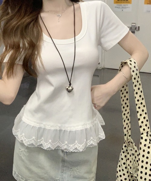 Girly Doll(ガーリードール)の「レースヘムTシャツ(Tシャツ/カットソー・レディース・ホワイト/ブルー/パープル/グリーン・FREE)」の5枚目の写真