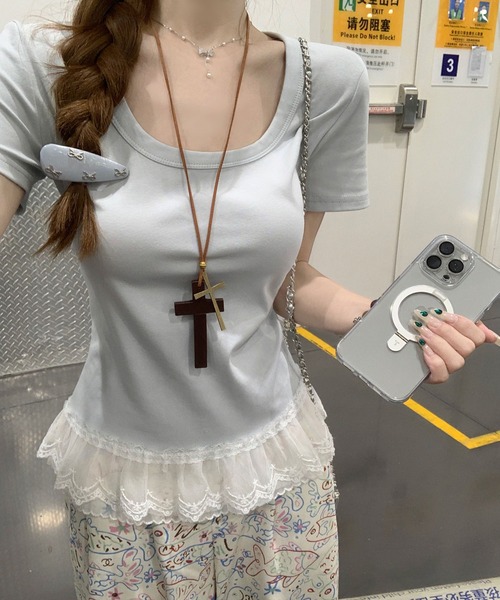 Girly Doll(ガーリードール)の「レースヘムTシャツ(Tシャツ/カットソー・レディース・ホワイト/ブルー/パープル/グリーン・FREE)」の13枚目の写真
