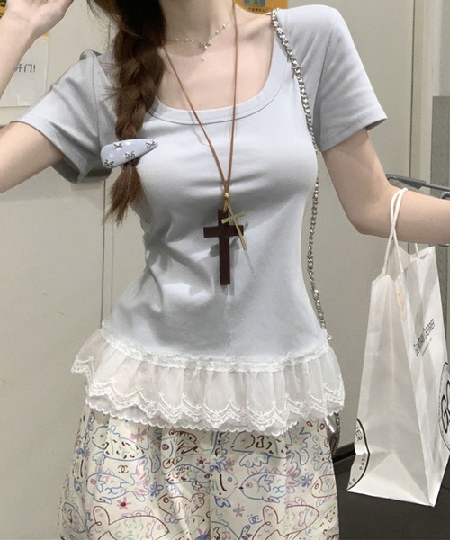 Girly Doll(ガーリードール)の「レースヘムTシャツ(Tシャツ/カットソー・レディース・ホワイト/ブルー/パープル/グリーン・FREE)」の16枚目の写真