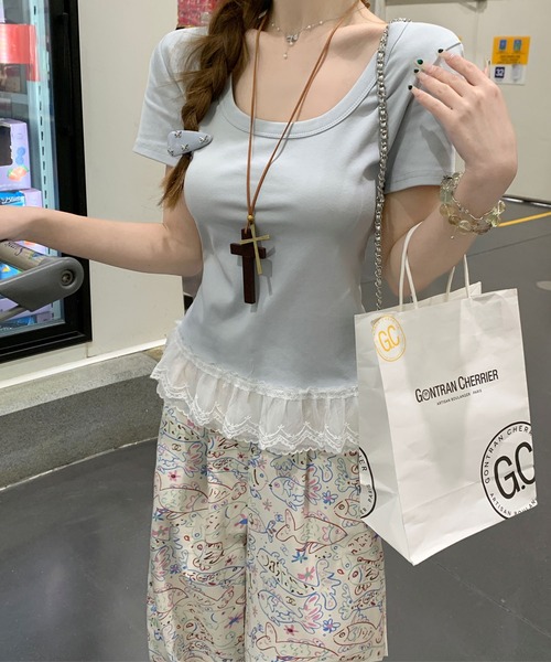 Girly Doll(ガーリードール)の「レースヘムTシャツ(Tシャツ/カットソー・レディース・ホワイト/ブルー/パープル/グリーン・FREE)」の17枚目の写真