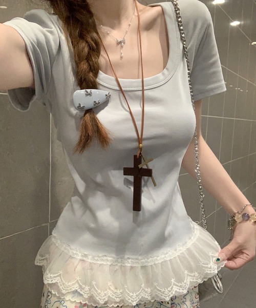 Girly Doll(ガーリードール)の「レースヘムTシャツ(Tシャツ/カットソー・レディース・ホワイト/ブルー/パープル/グリーン・FREE)」の18枚目の写真