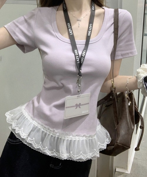 Girly Doll(ガーリードール)の「レースヘムTシャツ(Tシャツ/カットソー・レディース・ホワイト/ブルー/パープル/グリーン・FREE)」の21枚目の写真