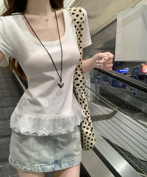 Girly Doll(ガーリードール)の「レースヘムTシャツ(Tシャツ/カットソー・レディース・ホワイト/ブルー/パープル/グリーン・FREE)」の6枚目の写真