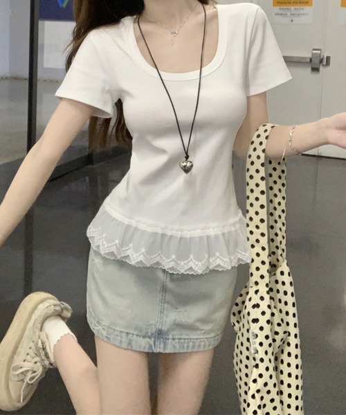 Girly Doll(ガーリードール)の「レースヘムTシャツ(Tシャツ/カットソー・レディース・ホワイト/ブルー/パープル/グリーン・FREE)」の7枚目の写真