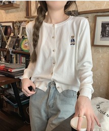 ワンポイントベア刺繍クルーネックニットカーディガン