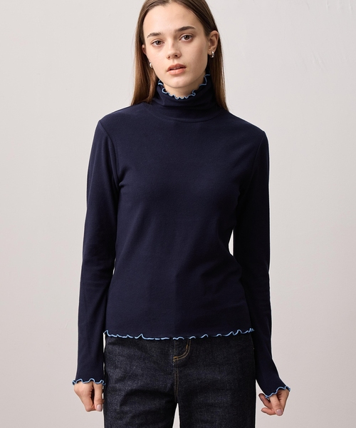 LE SOUK HOLIDAY(ルスークホリデー)の「メローハイネック起毛ロングTシャツ【吸湿発熱・アクセントカラー】(Tシャツ/カットソー・レディース・ライトグリーン/レッド/サックスブルー/マスタード/オレンジ/ダークブラウン/ネイビー・M/L)」の4枚目の写真